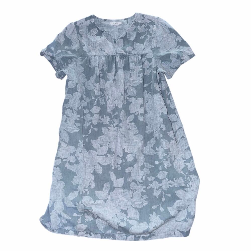 Vintage go softly 100% cotton denim chambray floral print patio dress lounge M